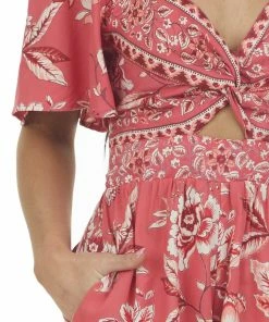 ANGIE Dresses Raspberry Floral V Neck Twist Front Romper