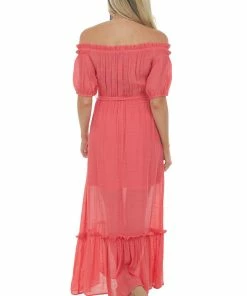 Staccato Raspberry Off Shoulder Waist Tie Maxi Dress