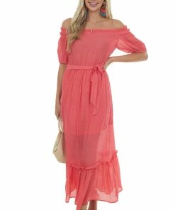 Staccato Raspberry Off Shoulder Waist Tie Maxi Dress