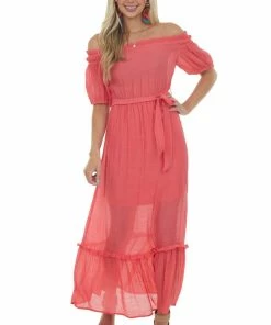 Staccato Raspberry Off Shoulder Waist Tie Maxi Dress