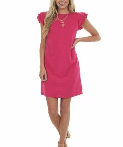 Ces Femme Raspberry Short Knit Dress With Layered Ruffle Cap Sleeves Dresses