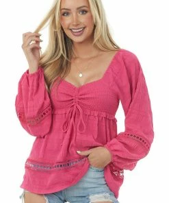 143 Story Raspberry Smocked Bust Lace Detailed Blouse