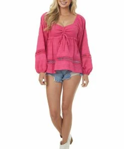 143 Story Raspberry Smocked Bust Lace Detailed Blouse