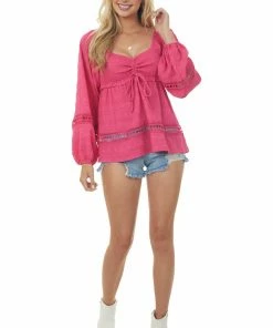 143 Story Raspberry Smocked Bust Lace Detailed Blouse