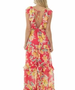 Flying Tomato Dresses Raspberry And Amber Floral Ruffle Maxi Dress