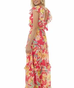 Flying Tomato Dresses Raspberry And Amber Floral Ruffle Maxi Dress