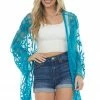Davi & Dani Tops Rich Azure Crochet Lace Open Front Kimono