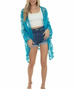 Davi & Dani Tops Rich Azure Crochet Lace Open Front Kimono