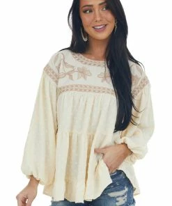 Entro Rich Champagne Embroidered Yoke Swiss Dot Top Tops