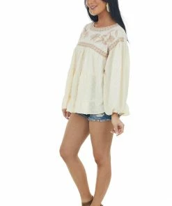 Entro Rich Champagne Embroidered Yoke Swiss Dot Top Tops