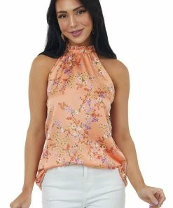 Vanilla Bay Tops Rich Melon Floral Print Halter Neck Satin Blouse 12 Vanilla Bay Tops Rich Melon Floral Print Halter Neck Satin Blouse