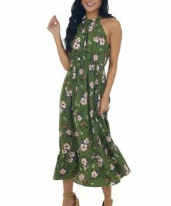 Sweet Lemon Rich Olive Floral Print Halter Neck Midi Dress