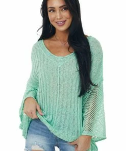 POL Clothing Rich Pistachio V Neck Lightweight Sweater