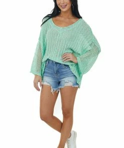 POL Clothing Rich Pistachio V Neck Lightweight Sweater