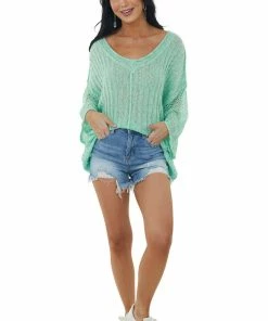 POL Clothing Rich Pistachio V Neck Lightweight Sweater
