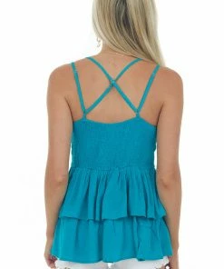 BiBi Tops Rich Teal Drop Waist Lace Embroidered Top
