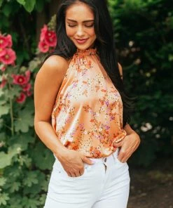 Vanilla Bay Tops Rich Melon Floral Print Halter Neck Satin Blouse