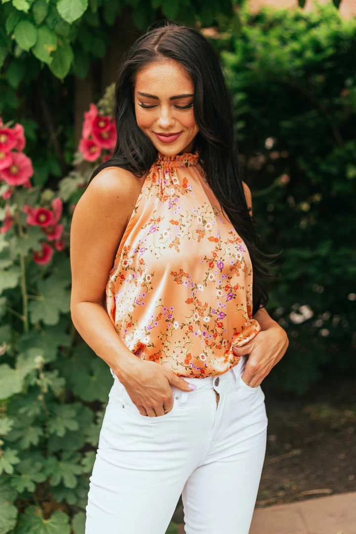 Vanilla Bay Tops Rich Melon Floral Print Halter Neck Satin Blouse 4 Vanilla Bay Tops Rich Melon Floral Print Halter Neck Satin Blouse
