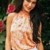 Vanilla Bay Tops Rich Melon Floral Print Halter Neck Satin Blouse