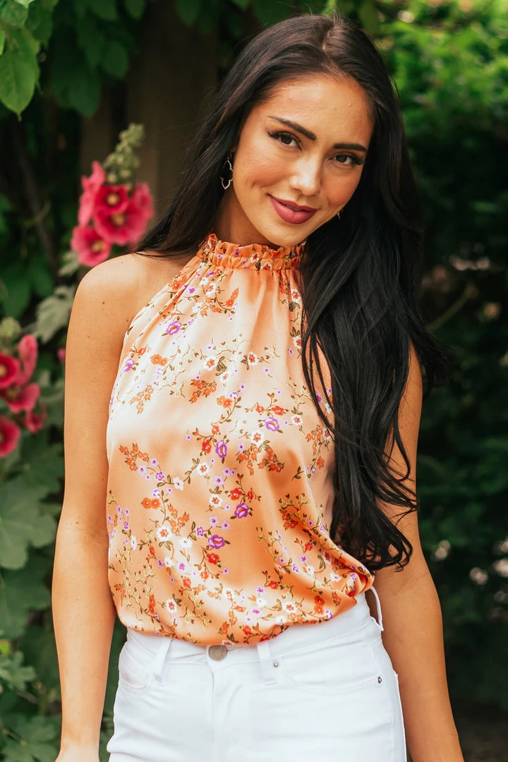 Vanilla Bay Tops Rich Melon Floral Print Halter Neck Satin Blouse 3 Vanilla Bay Tops Rich Melon Floral Print Halter Neck Satin Blouse