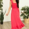 CY Fashion Rich Watermelon Smocked Ruffle Strap Midi Dress Dresses