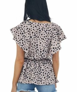 Umgee Rose Taupe Dalmatian Flutter Sleeve Top 12 Umgee Rose Taupe Dalmatian Flutter Sleeve Top