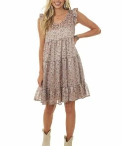 Ces Femme Rose Taupe Floral Paisley Print Short Dress Dresses