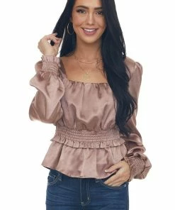 Peach Love Rose Taupe Silky Smocked Peplum Blouse Tops