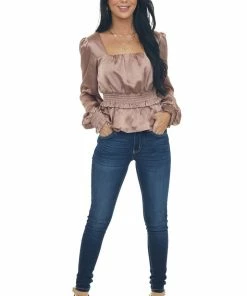 Peach Love Rose Taupe Silky Smocked Peplum Blouse Tops