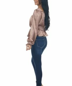 Peach Love Rose Taupe Silky Smocked Peplum Blouse Tops