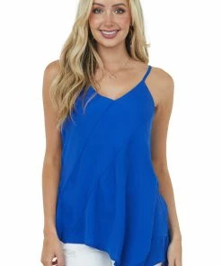 Doe & Rae Royal Blue Asymmetrical Hem Ribbed Cami Blouse Tops