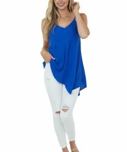 Doe & Rae Royal Blue Asymmetrical Hem Ribbed Cami Blouse Tops
