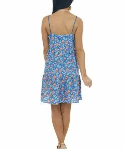 Umgee Royal Blue Floral Print Sleeveless Short Dress
