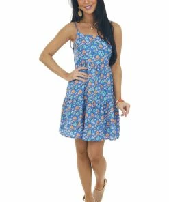 Umgee Royal Blue Floral Print Sleeveless Short Dress