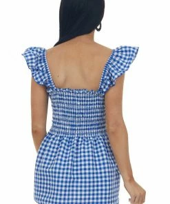 Lovely Melody Royal Blue Gingham Sleeveless Smocked Blouse