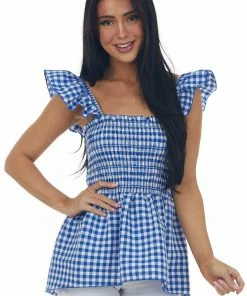Lovely Melody Royal Blue Gingham Sleeveless Smocked Blouse