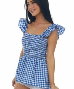 Lovely Melody Royal Blue Gingham Sleeveless Smocked Blouse