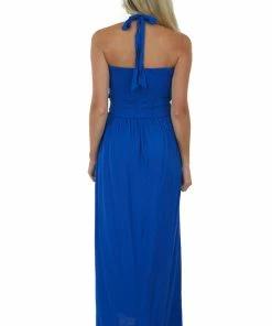 Vine & Love Royal Blue Halter Tie Smocked Woven Maxi Dress 12 Vine & Love Royal Blue Halter Tie Smocked Woven Maxi Dress