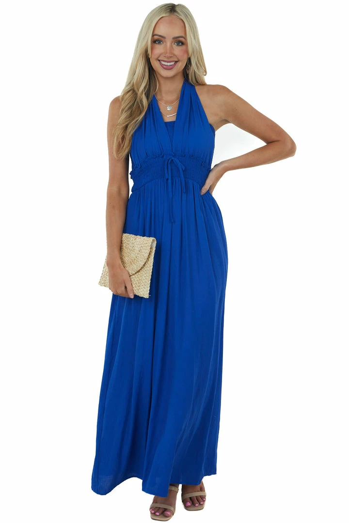 Vine & Love Royal Blue Halter Tie Smocked Woven Maxi Dress 4 Vine & Love Royal Blue Halter Tie Smocked Woven Maxi Dress