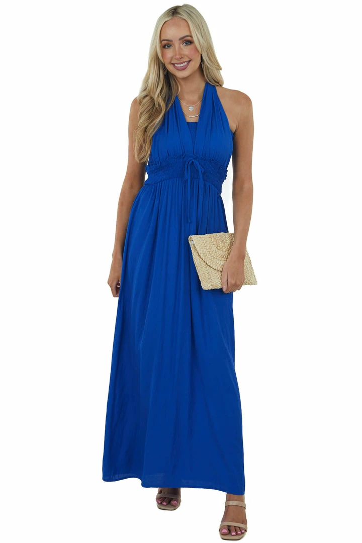 Vine & Love Royal Blue Halter Tie Smocked Woven Maxi Dress 3 Vine & Love Royal Blue Halter Tie Smocked Woven Maxi Dress