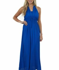Vine & Love Royal Blue Halter Tie Smocked Woven Maxi Dress 10 Vine & Love Royal Blue Halter Tie Smocked Woven Maxi Dress