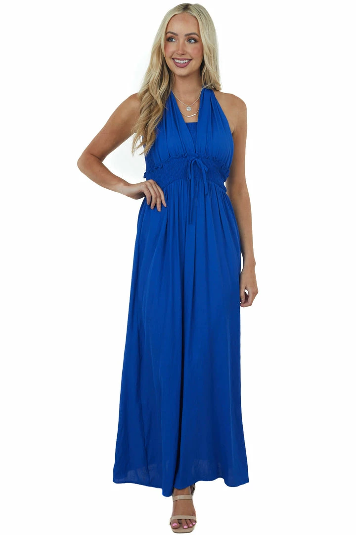Vine & Love Royal Blue Halter Tie Smocked Woven Maxi Dress 5 Vine & Love Royal Blue Halter Tie Smocked Woven Maxi Dress