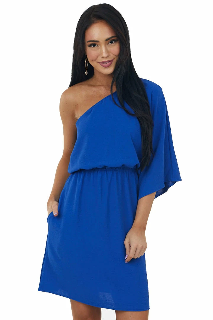 Cotton Bleu Royal Blue One Shoulder Blouson Pocket Dress Dresses 3 Cotton Bleu Royal Blue One Shoulder Blouson Pocket Dress Dresses