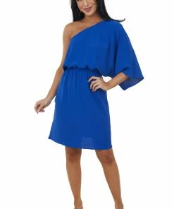Cotton Bleu Royal Blue One Shoulder Blouson Pocket Dress Dresses 10 Cotton Bleu Royal Blue One Shoulder Blouson Pocket Dress Dresses