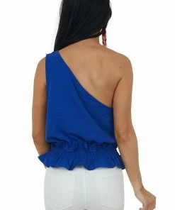 Eesome Royal Blue One Shoulder Smocked Peplum Blouse Tops