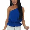 Eesome Royal Blue One Shoulder Smocked Peplum Blouse Tops