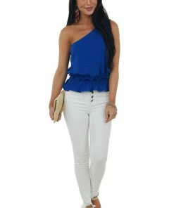Eesome Royal Blue One Shoulder Smocked Peplum Blouse Tops