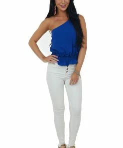 Eesome Royal Blue One Shoulder Smocked Peplum Blouse Tops
