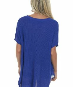 Jodifl Royal Blue Oversized Short Sleeve Loose Knit Top