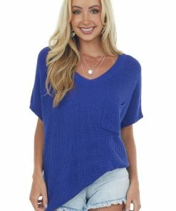 Jodifl Royal Blue Oversized Short Sleeve Loose Knit Top